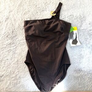 Longitude Robby Len Womens One Shoulder Swimsuit Espresso Brown‎ Resort 14T NWT